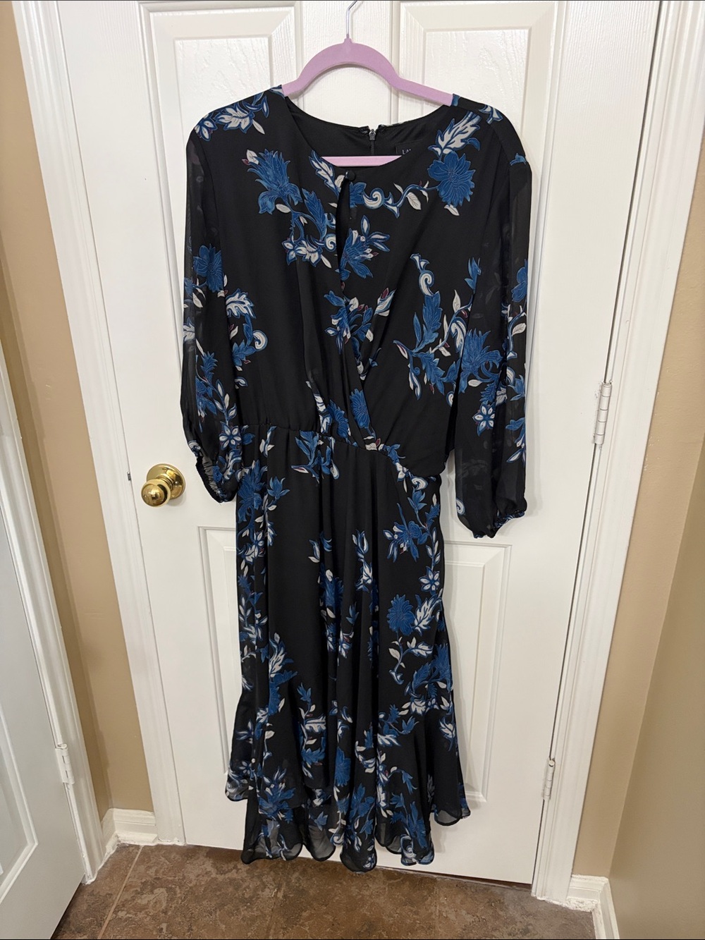 Lane Bryant Black Midi Dress with Blue Floral Print and Long Sleeves
